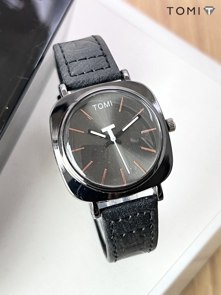 TOMI Original Leather Strap Watch – Waterproof | Box Included | Elegant Design for Everyday Wear - Black