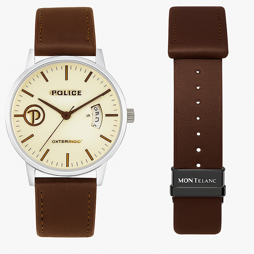Police Watch – Elegant Design with Date Display | Leather Strap | Quartz Movement | Water Resistant - Brown Strap with White Dial