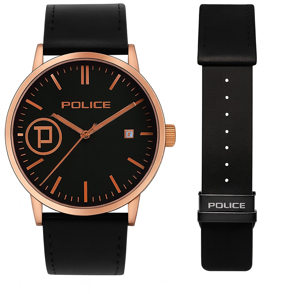 Police Watch – Elegant Design with Date Display | Leather Strap | Quartz Movement | Water Resistant - Brown Strap with White Dial