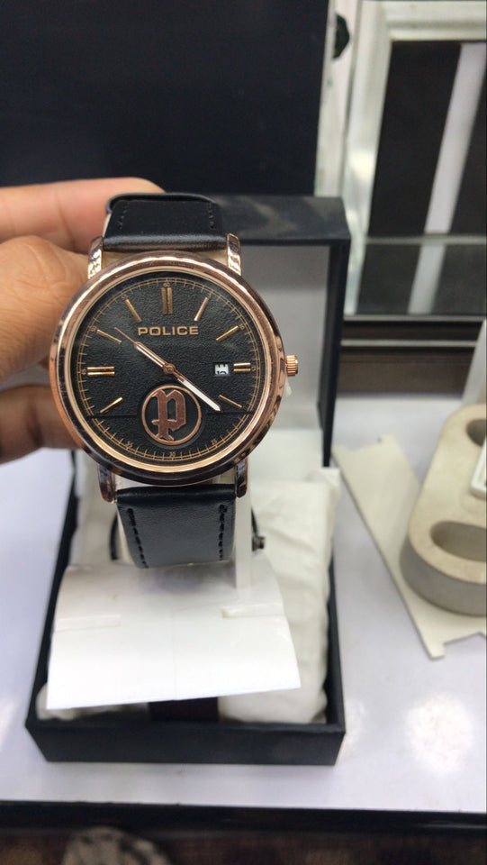 Police Watch – Elegant Design with Date Display | Leather Strap | Quartz Movement | Water Resistant - Brown Strap with White Dial