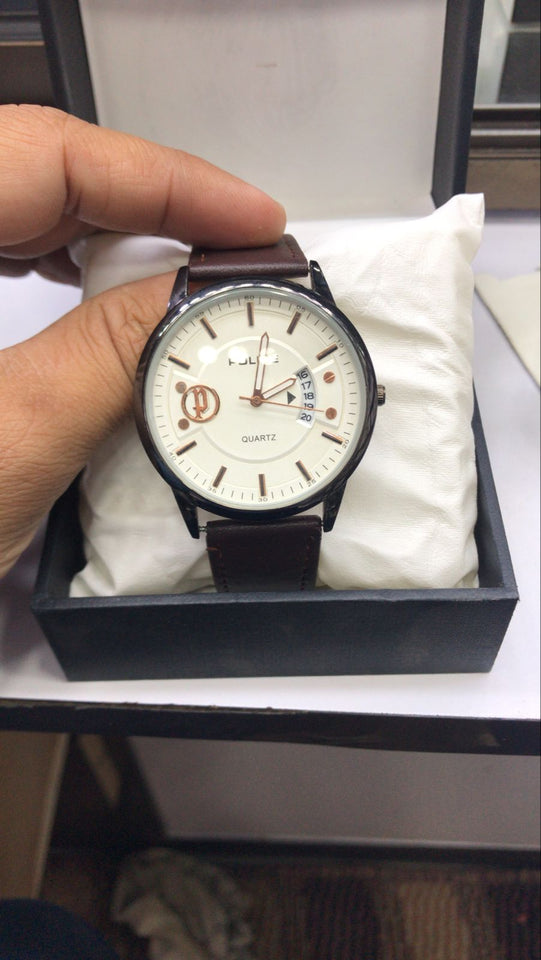 Police Watch – Elegant Design with Date Display | Leather Strap | Quartz Movement | Water Resistant - Brown Strap with White Dial